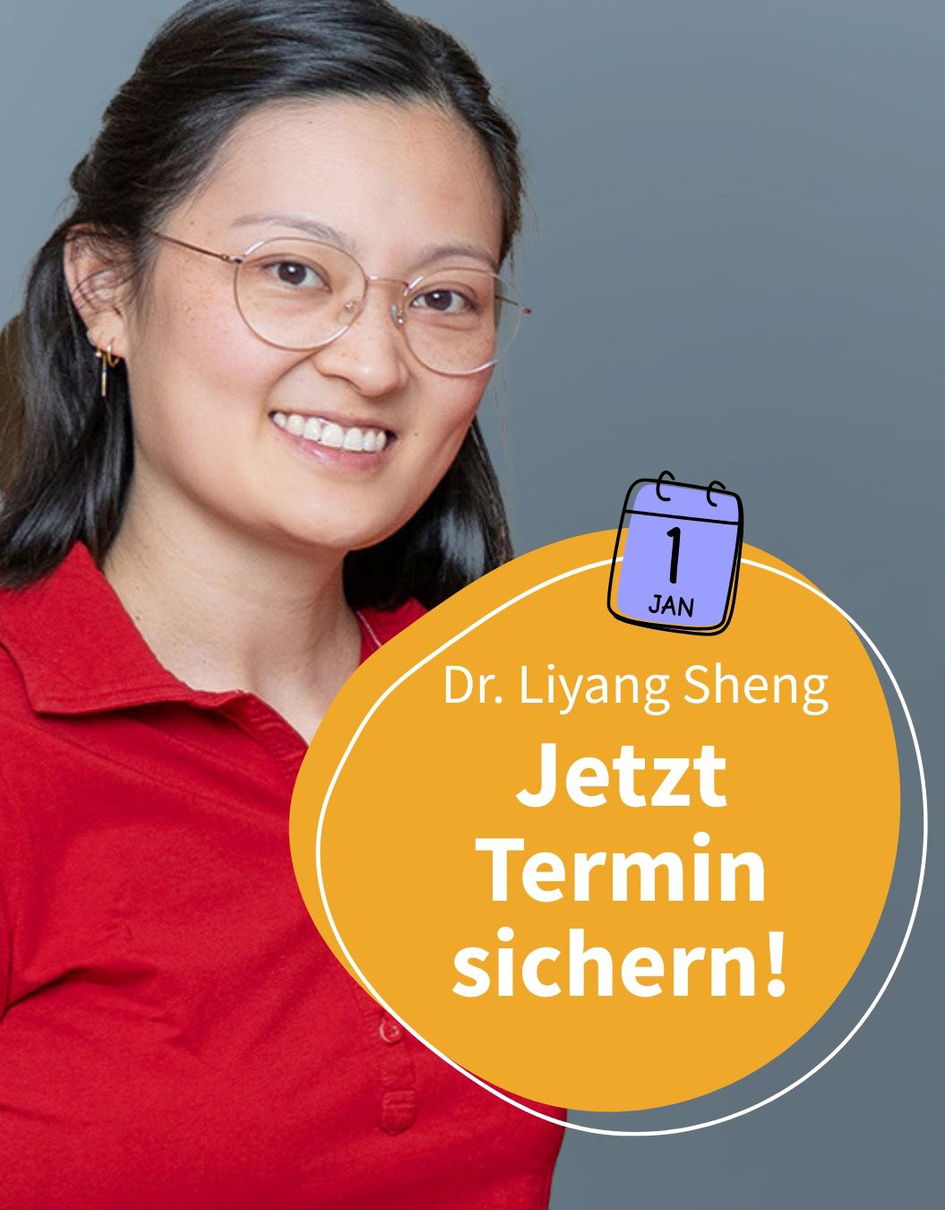 Dr. Sheng lächelt, trägt eine rote Bluse, daneben steht: „Jetzt Termin sichern!“ mit Kalender-Icon.