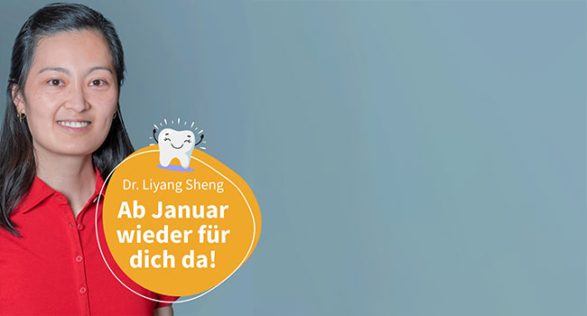 Dr. Sheng lächelt, trägt eine rote Bluse, daneben steht: „Jetzt Termin sichern!“ mit Kalender-Icon.